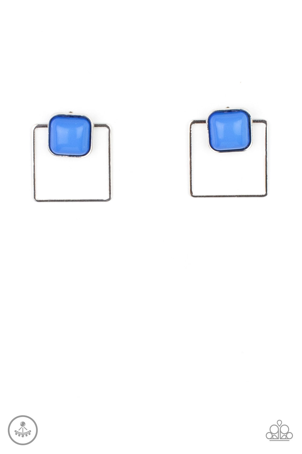 French Blue square bead attaches to a double-sided post, while an airy silver square frame