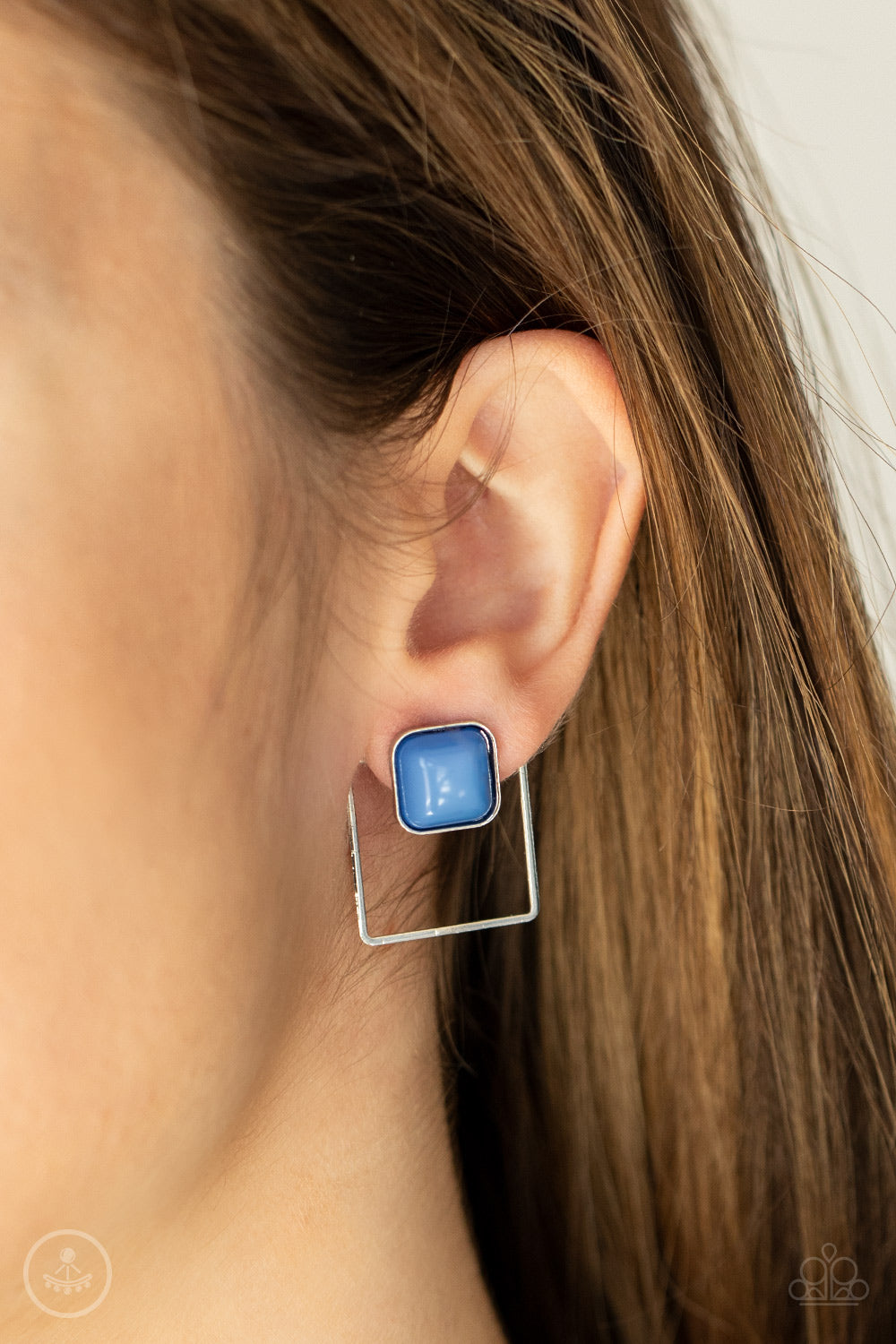 French Blue square bead attaches to a double-sided post, while an airy silver square frame