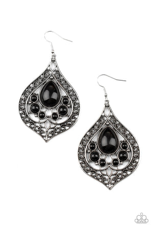 Bordered in vine-like filigree, the center of an airy silver teardrop frame is dotted in bubbly black beads for an enchanting pop of color.