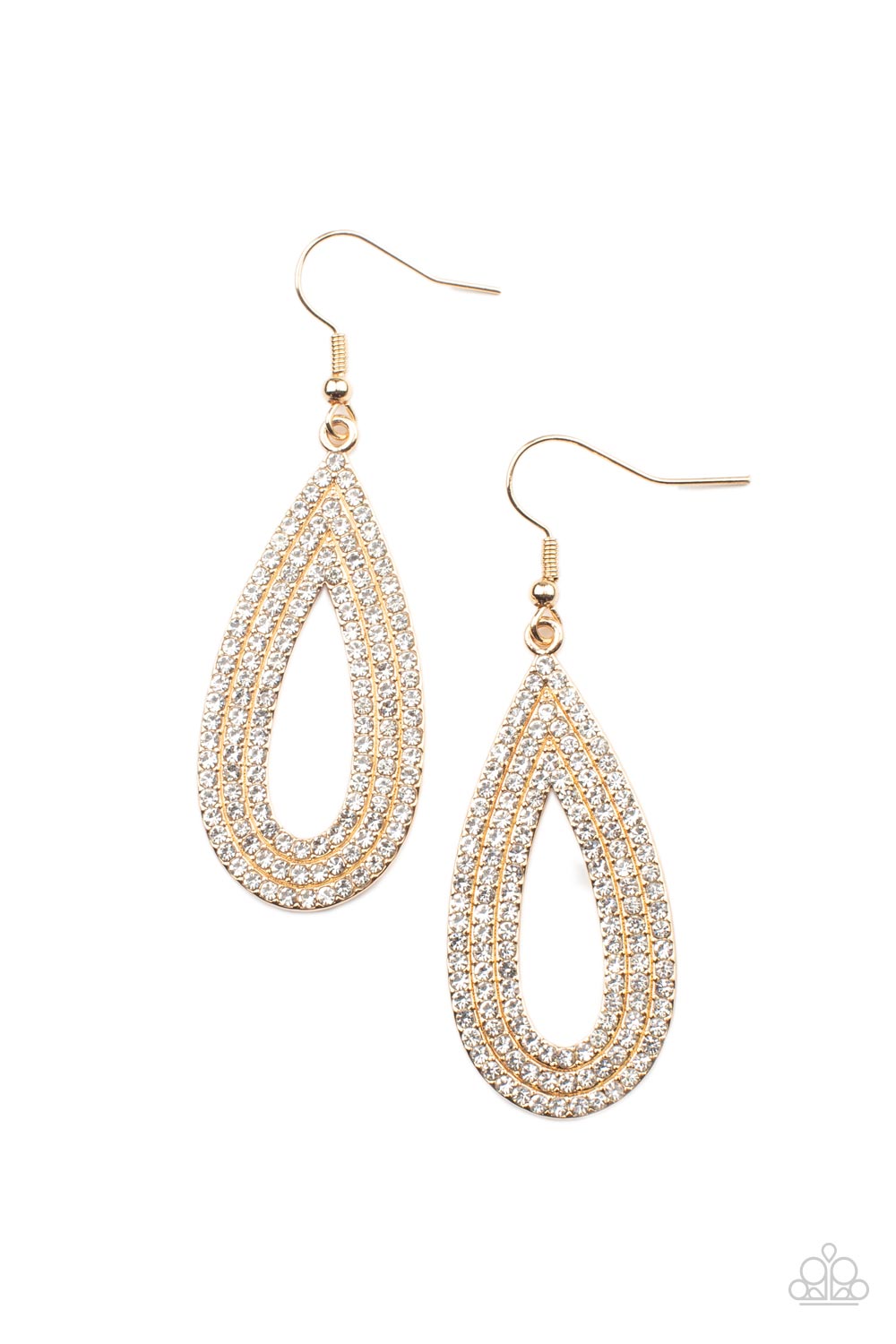 Three glittery rows of glassy white rhinestones coalesce into a sparkly golden teardrop