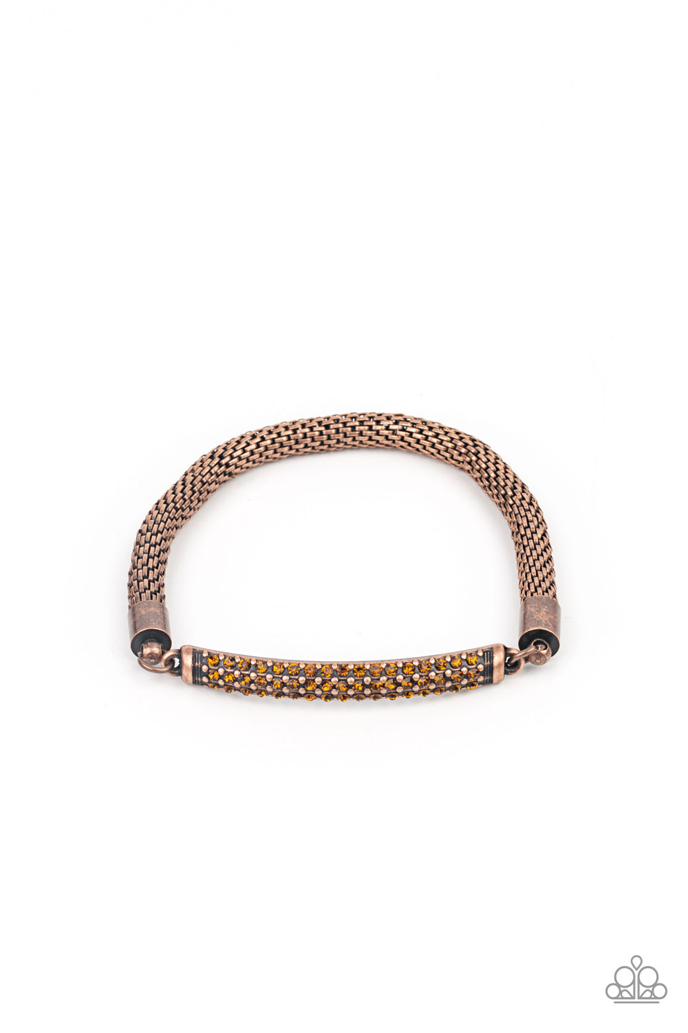 stretchy band, a gritty strand of rounded copper mesh chain links with a smoldering copper plate encrusted in rows of dainty topaz rhinestones