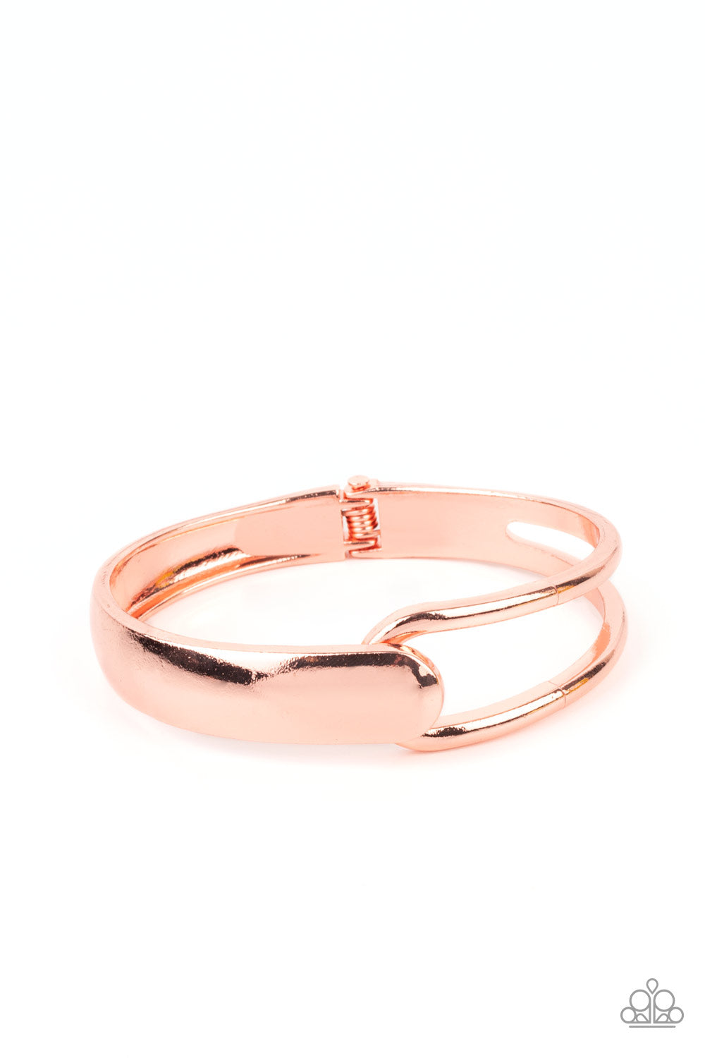 flat shiny copper bar and airy shiny copper frame delicately overlap around the wrist