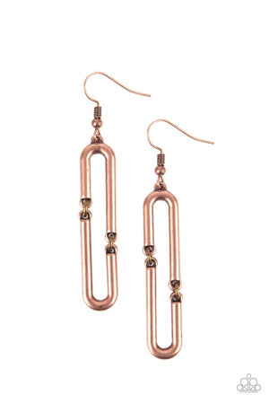 Matte copper cylinders, bent into J-shapes are connected with brass rings