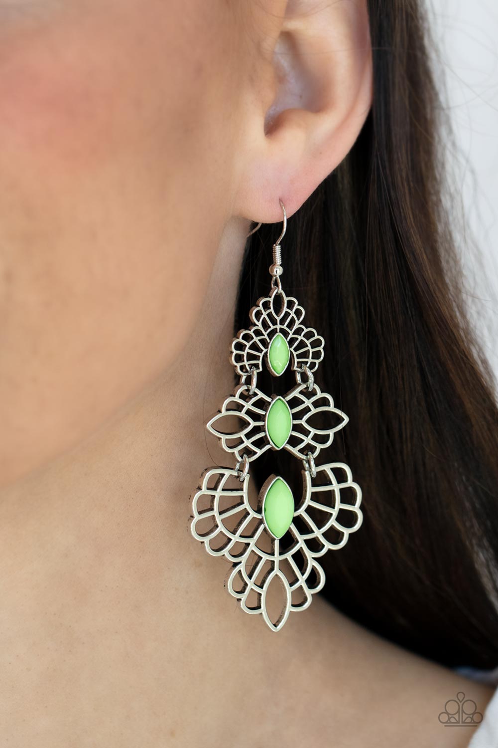 web-like silver frames, Apple Green marquise cut beads