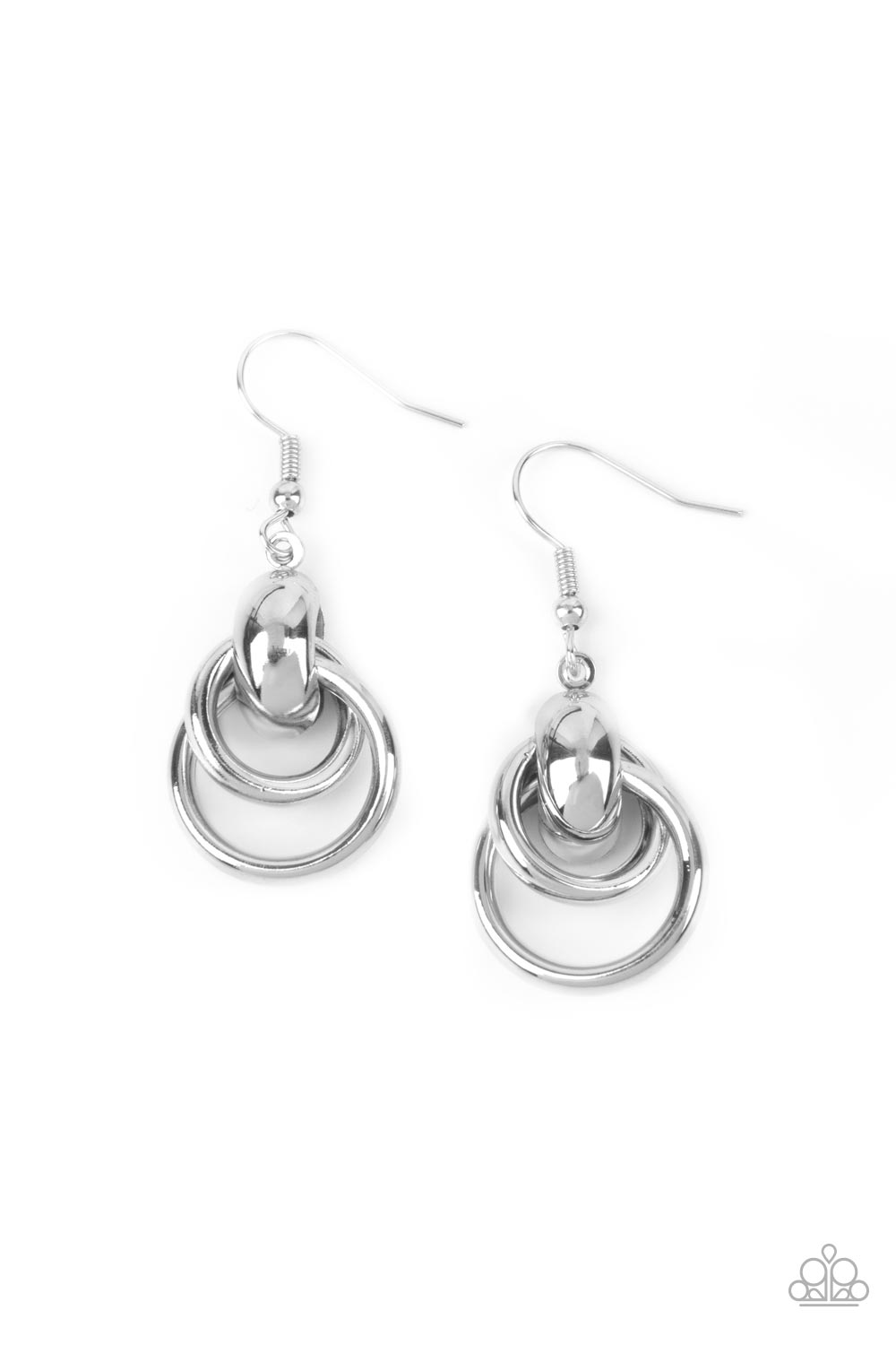 high sheen, two different sized silver rings are held by a bold clasp