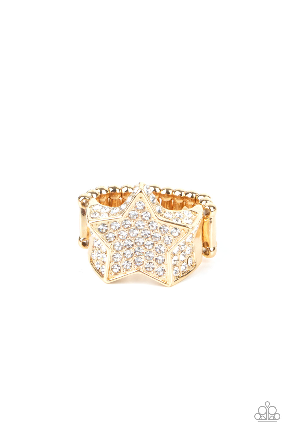 glittery white rhinestones, a sparkly gold star joins with a thick band of blinding white rhinestones