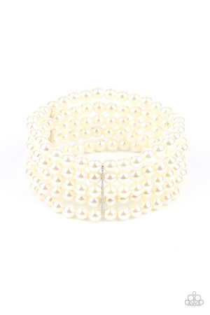 Stacked layers of luminous white pearl-like beads are threaded along stretchy bands