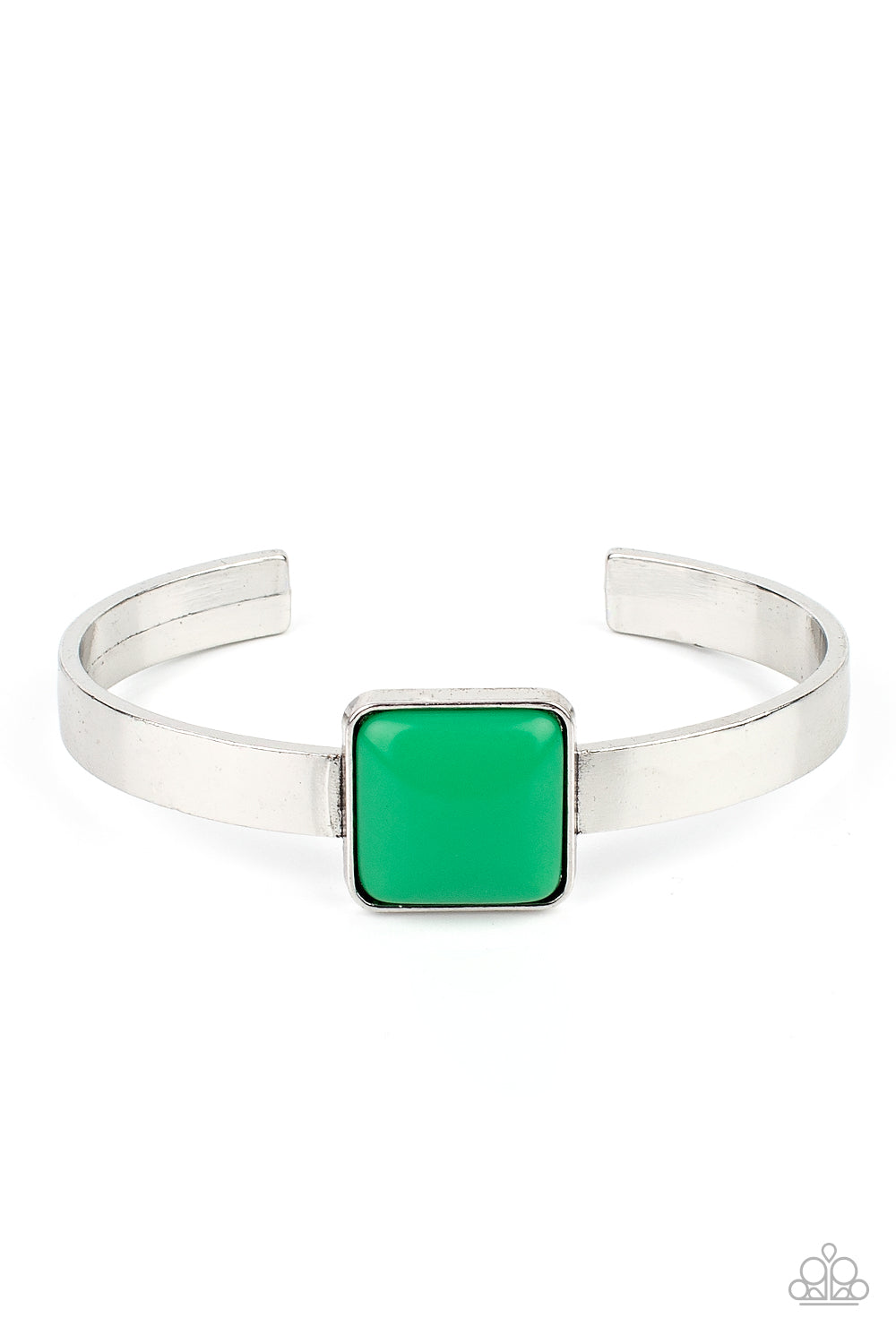 square Mint Green bead is pressed into the center of a sleek silver frame