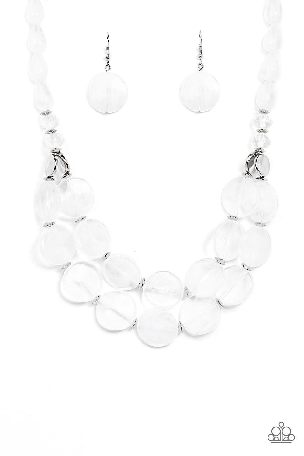 vntermixed with glassy crystal-like beads and shiny silver accents, mismatched cloudy, glassy, and opaque white teardrop and disc beads layer below the collarntermixed with glassy crystal-like beads and shiny silver accents, mismatched cloudy, glassy, and opaque white teardrop and disc beads layer below the collar