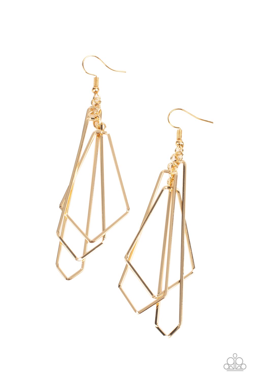 flared geometric gold frames link into a layered lure creating an edgy metallic tassel