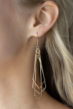 flared geometric gold frames link into a layered lure creating an edgy metallic tassel