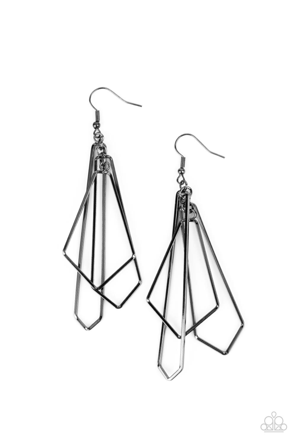 flared geometric gunmetal frames link into a layered lure creating an edgy metallic tassel