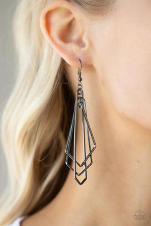 flared geometric gunmetal frames link into a layered lure creating an edgy metallic tassel