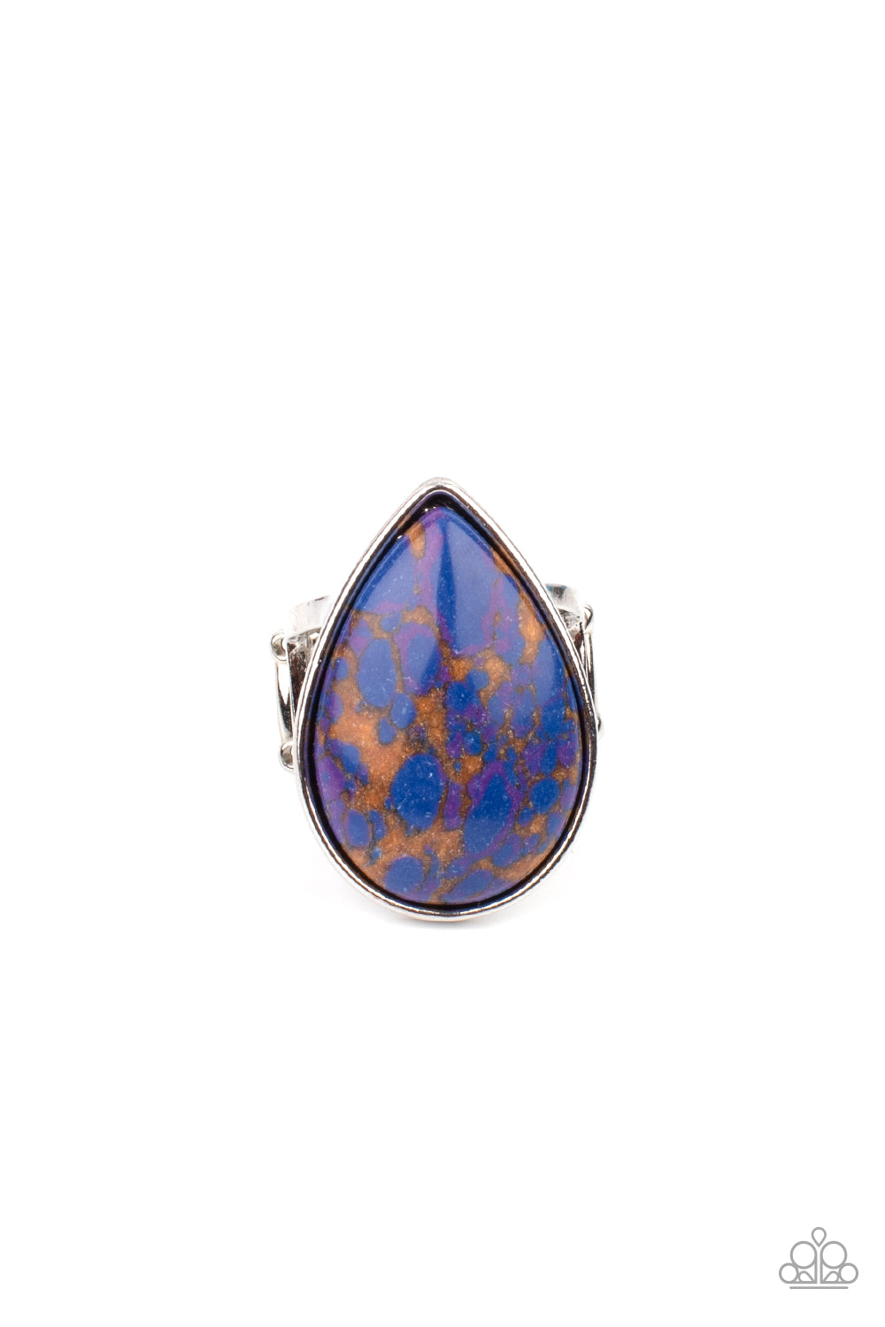polished blue stone infused with veins of brown and purple is encased in a simple silver teardrop frame