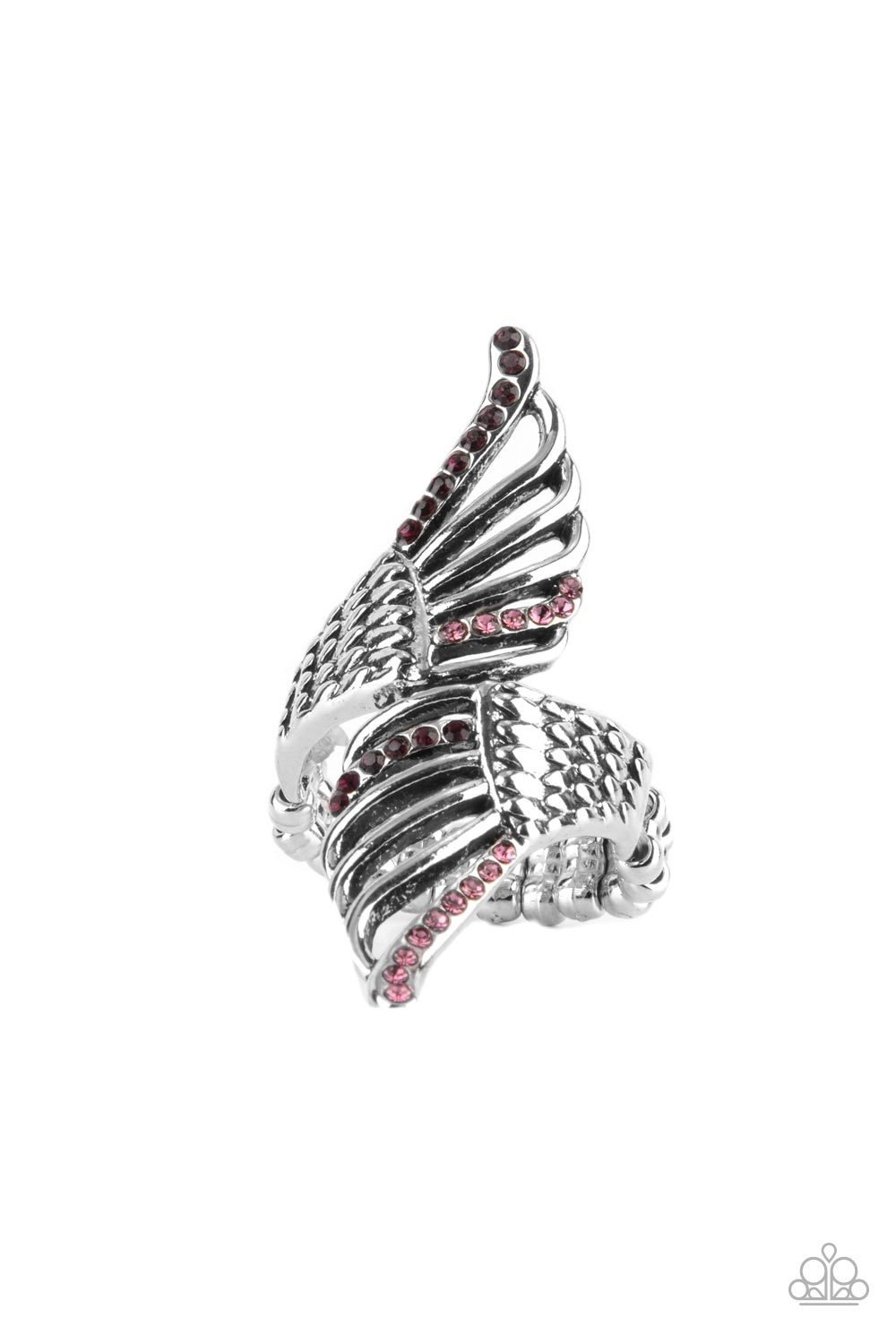  lifelike feathery detail, two airy silver wings delicately wrap around the finger. Rows of dainty purple and pink rhinestones adorn the winged accents, adding a celestial shimmer to the angelic centerpiece