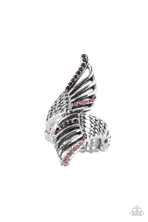  lifelike feathery detail, two airy silver wings delicately wrap around the finger. Rows of dainty purple and pink rhinestones adorn the winged accents, adding a celestial shimmer to the angelic centerpiece