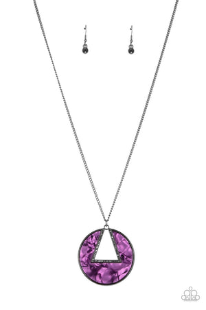 An airy hematite encrusted triangular frame is pressed into a gunmetal ring adorned in a purple shell-like frame. The colorful pendant swings from the bottom of a classic gunmetal chain