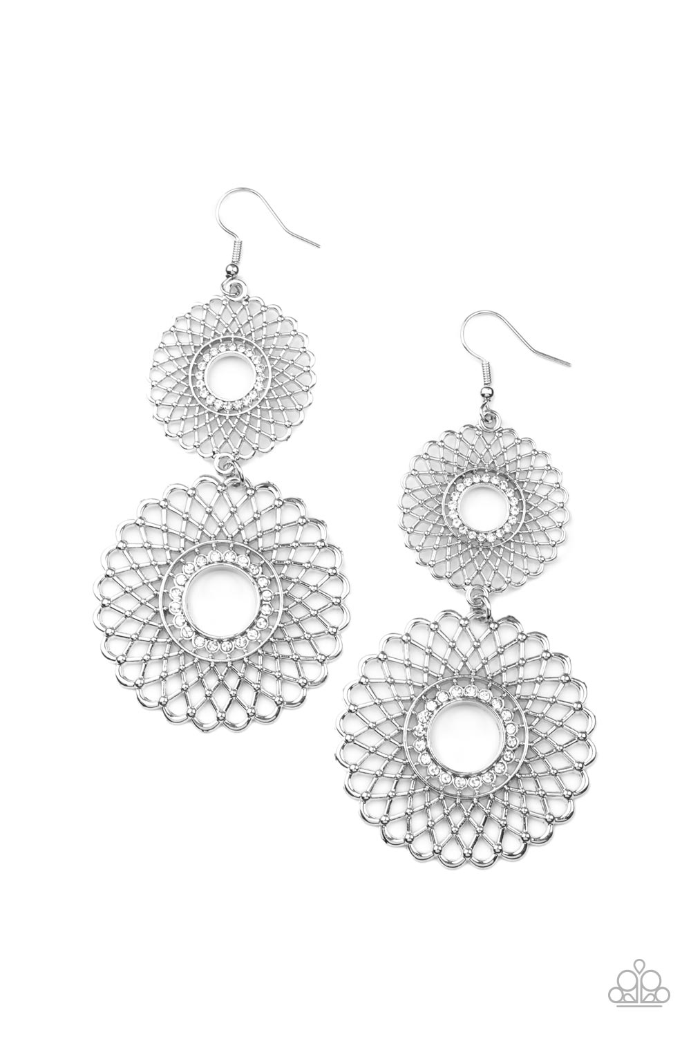 Airy silver petals infinitely overlap into two dizzying silver floral medallions