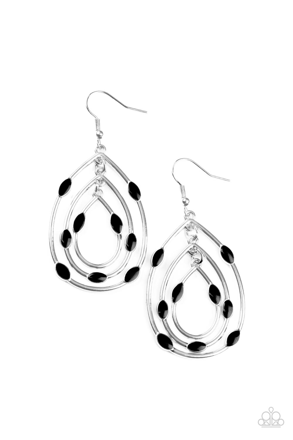 flattened black accents, three shimmery silver teardrop frames