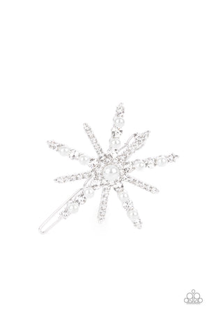 dainty pearl drop center, a bubbly collection of dainty pearls and glassy white rhinestones encrust the front of a silver star shaped frame 