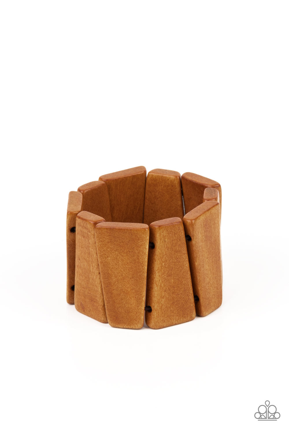 natural brown finish, chunky triangular wooden frames are threaded along stretchy bands around the wrist