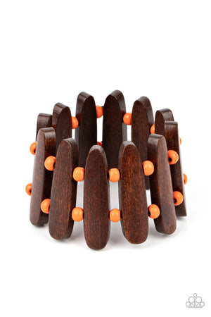 Pairs of Burnt Orange wooden beads and oblong brown wooden frames alternate along stretchy bands 