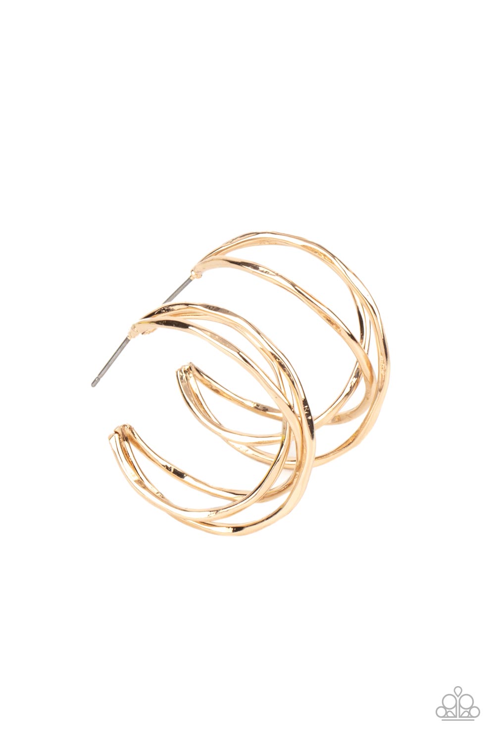 Glistening gold bars delicately overlap into a 3-dimensional frame, creating a dramatic hoop