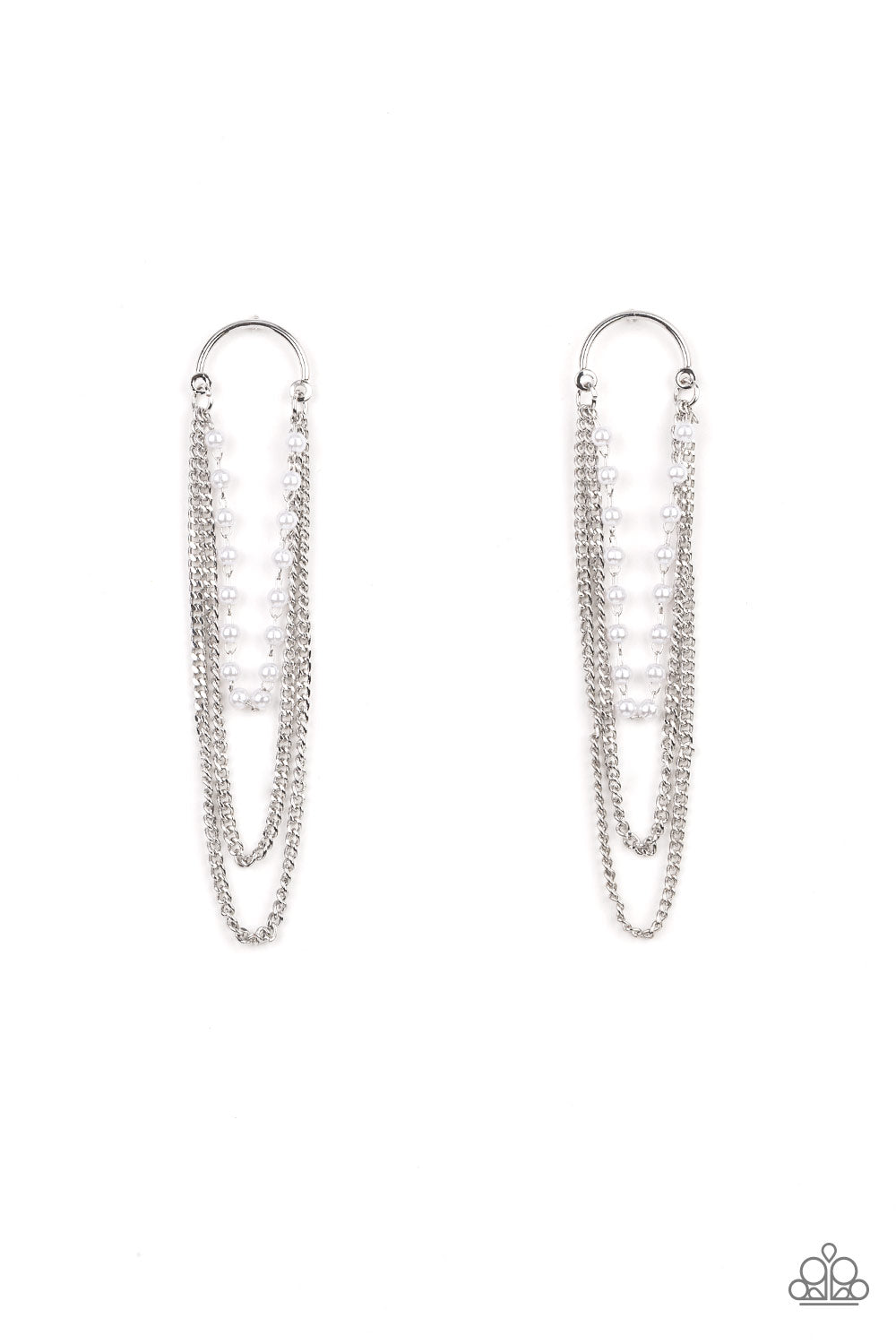 dainty white pearls and shimmery silver chains cascade from the bottom of a silver half moon frame
