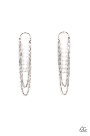 dainty white pearls and shimmery silver chains cascade from the bottom of a silver half moon frame
