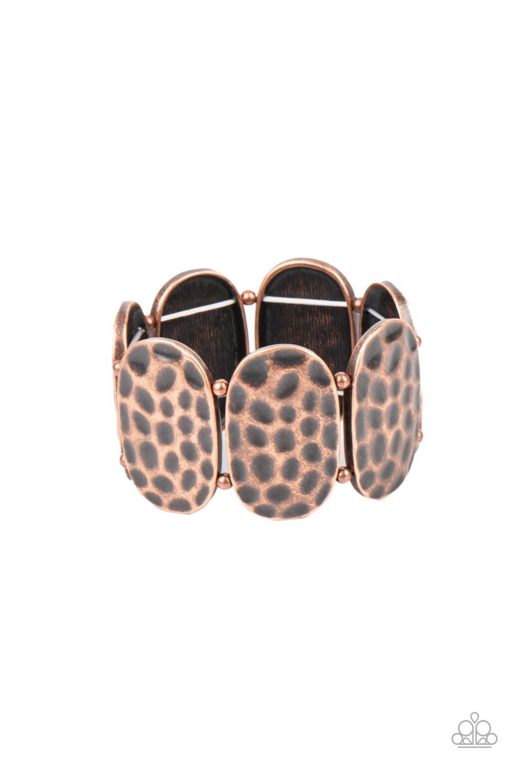 Rustically hammered copper oval frames and pairs of dainty copper beads are threaded along two stretchy bands