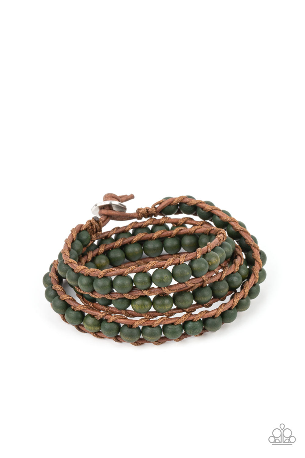 green wooden beads are knotted in place along two brown leather cords, creating multiple earthy layers around the wrist