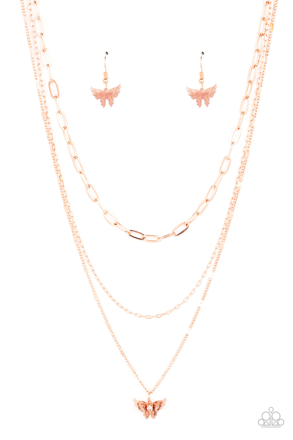 dainty white rhinestone, a decoratively layered shiny copper butterfly swings from the botto