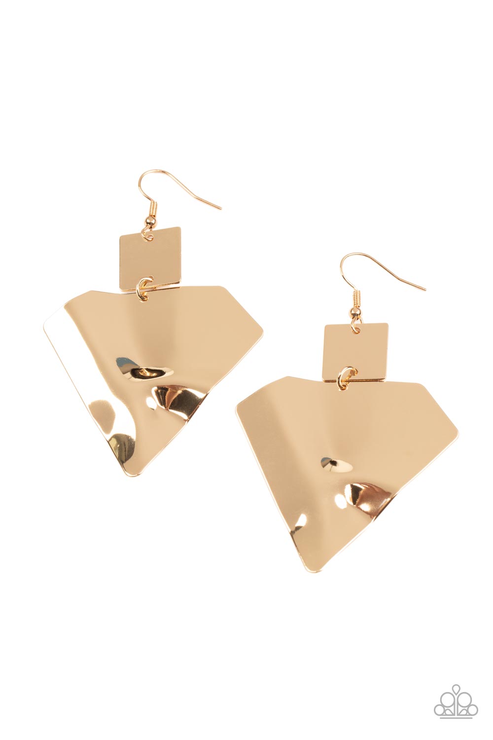 A warped gold triangular plate swings from the bottom of a flat gold square frame