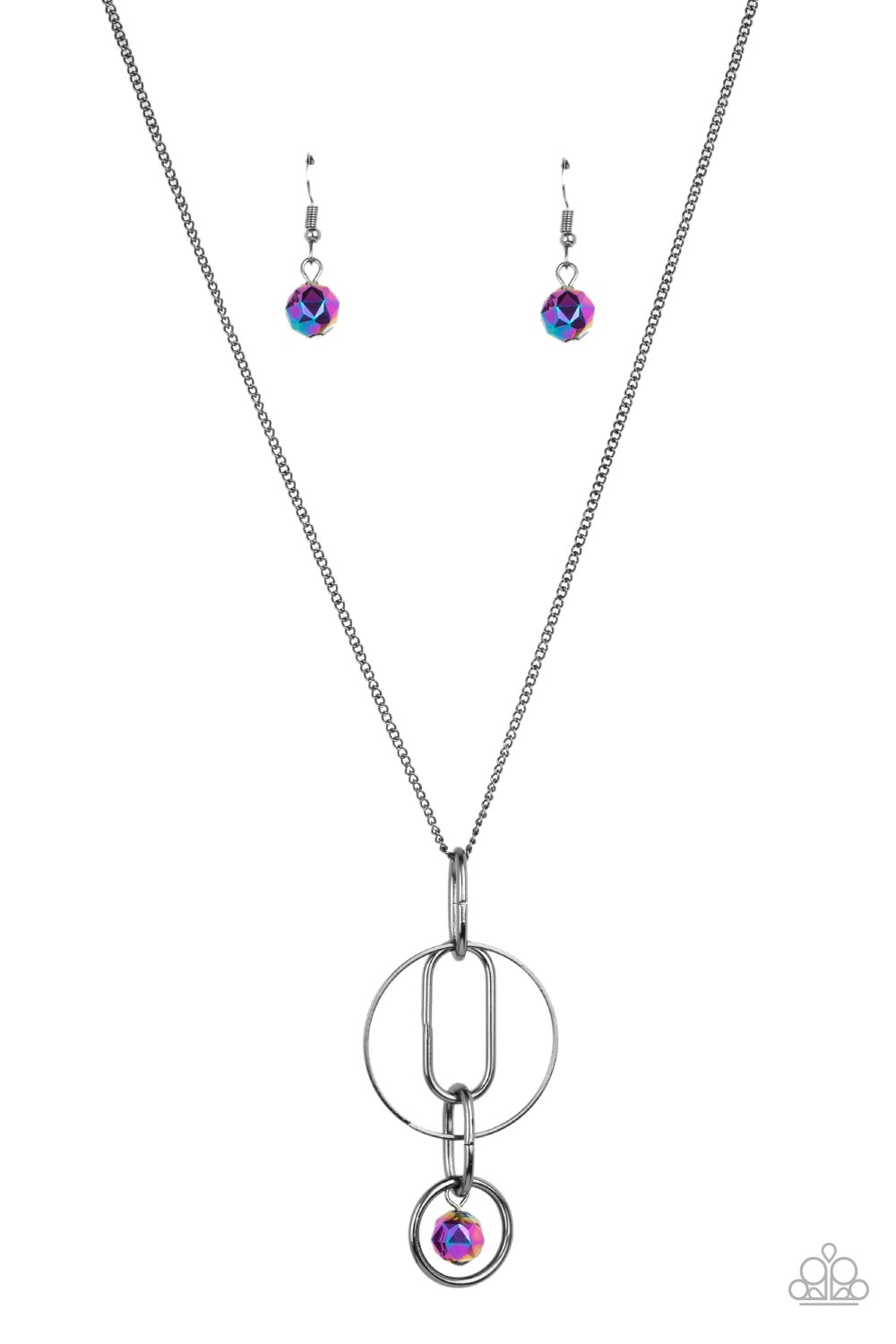 oval and round gunmetal links, embellished with a faceted oil spill bead suspended inside the bottom most round frame, coalesce into a flirty charm 