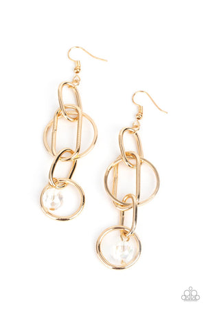 A collection of oval and round gold links, embellished with a faceted white bead suspended inside the bottom-most round frame, coalesce into a flirty charm as it sways from the ear. Earring attaches to a standard fishhook fitting.