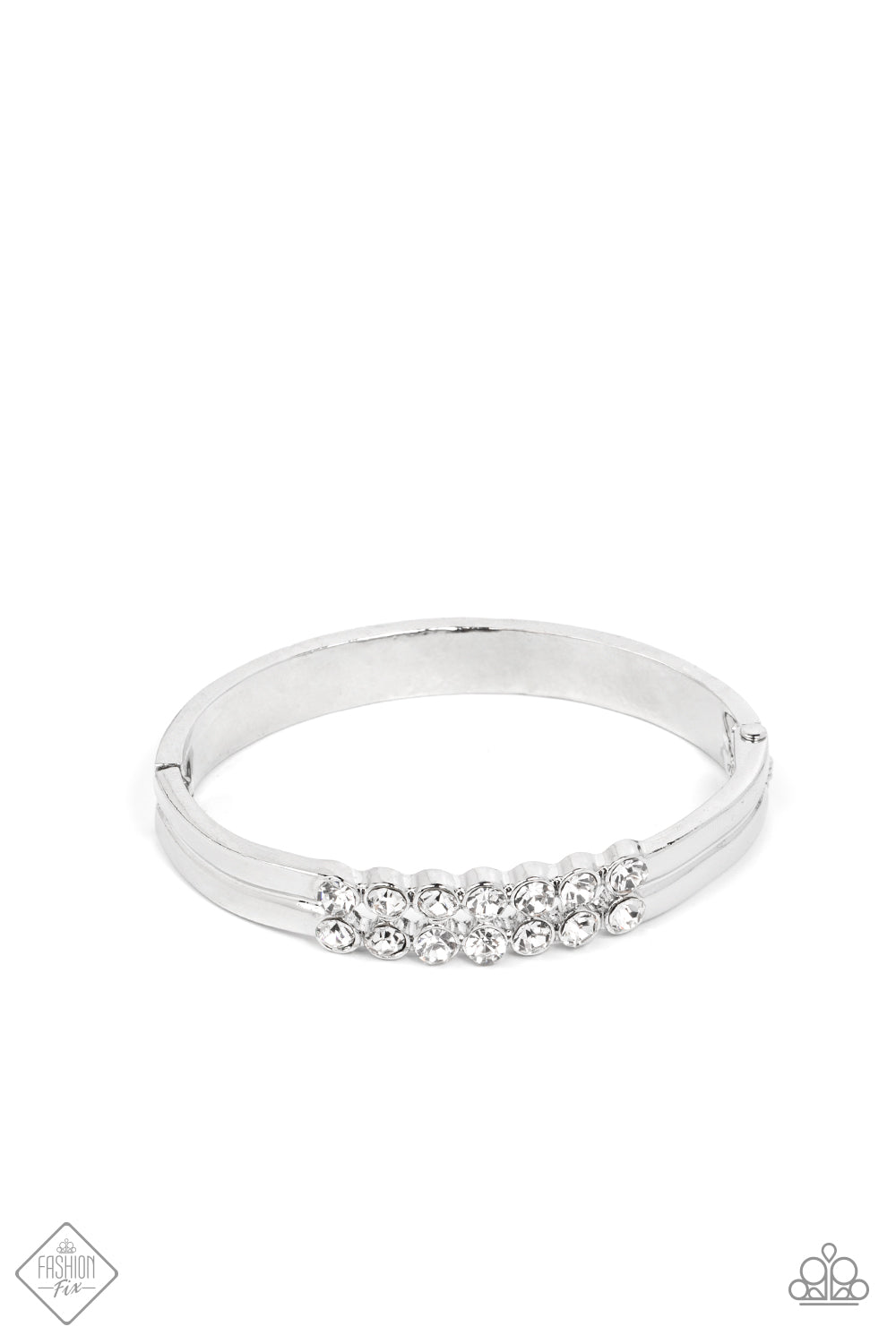 Stacked layers of brilliant white rhinestones give way to double layers of sleek silver frames