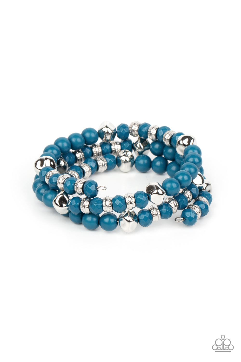 mismatched collection of polished blue and shiny silver beads are threaded along a coiled wire