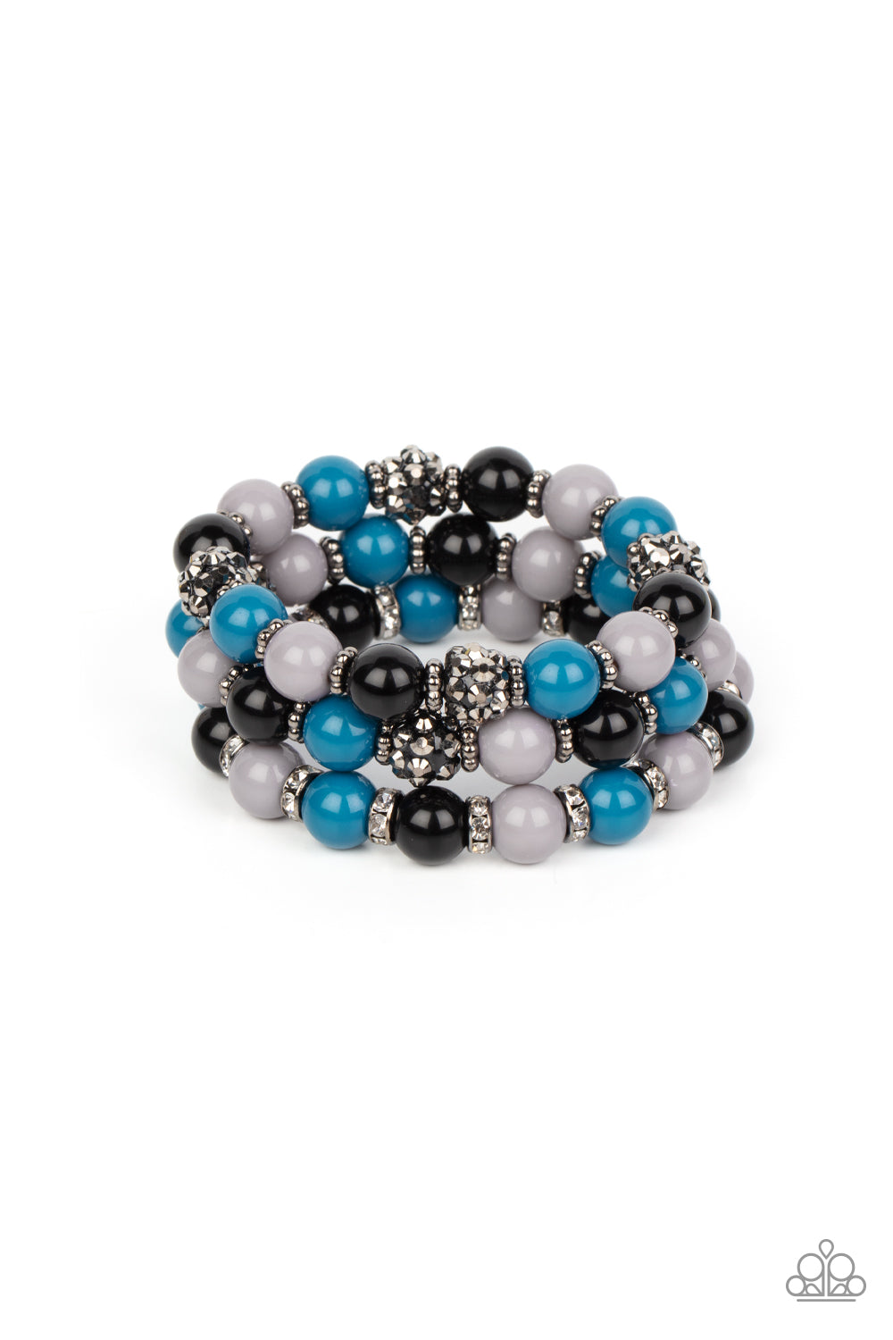 posh collection of polished multicolored beads, studded gunmetal rings, white rhinestone encrusted rings, and hematite dotted beads are threaded along stretchy bands around the wrist