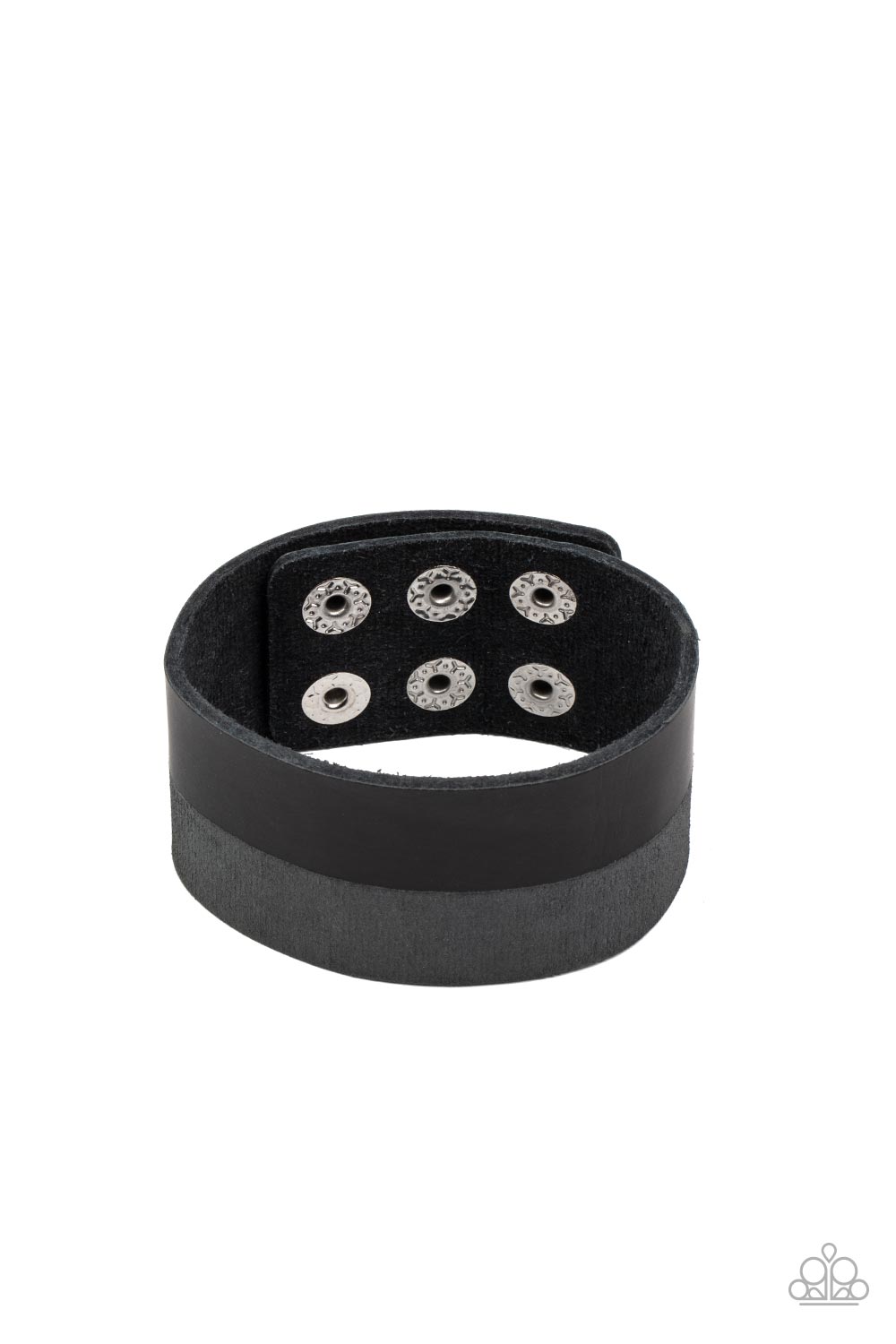 Edgy layers of black and gray leather wrap around the wrist