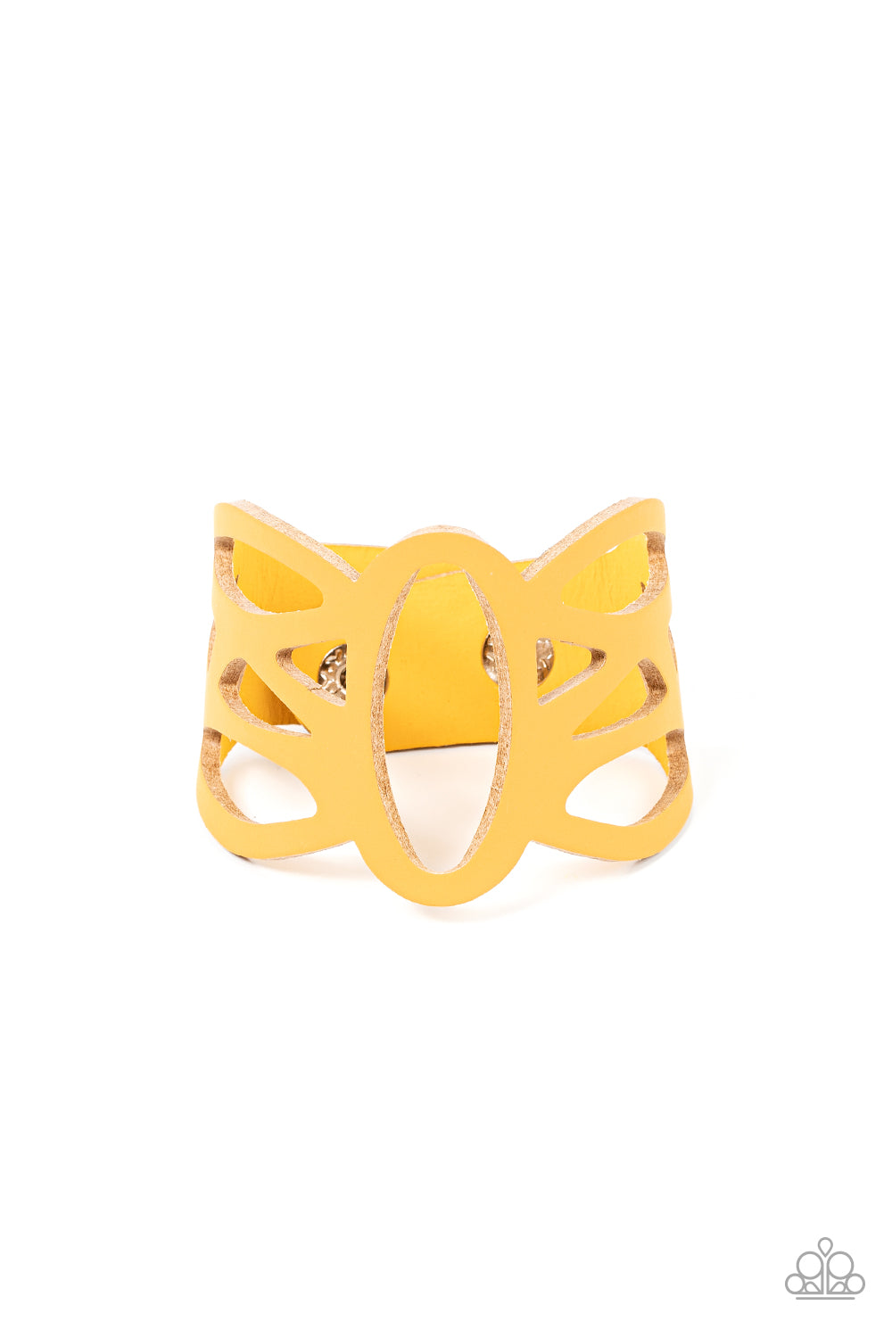 golden yellow leather band has been ornately cut into an airy stenciled pattern