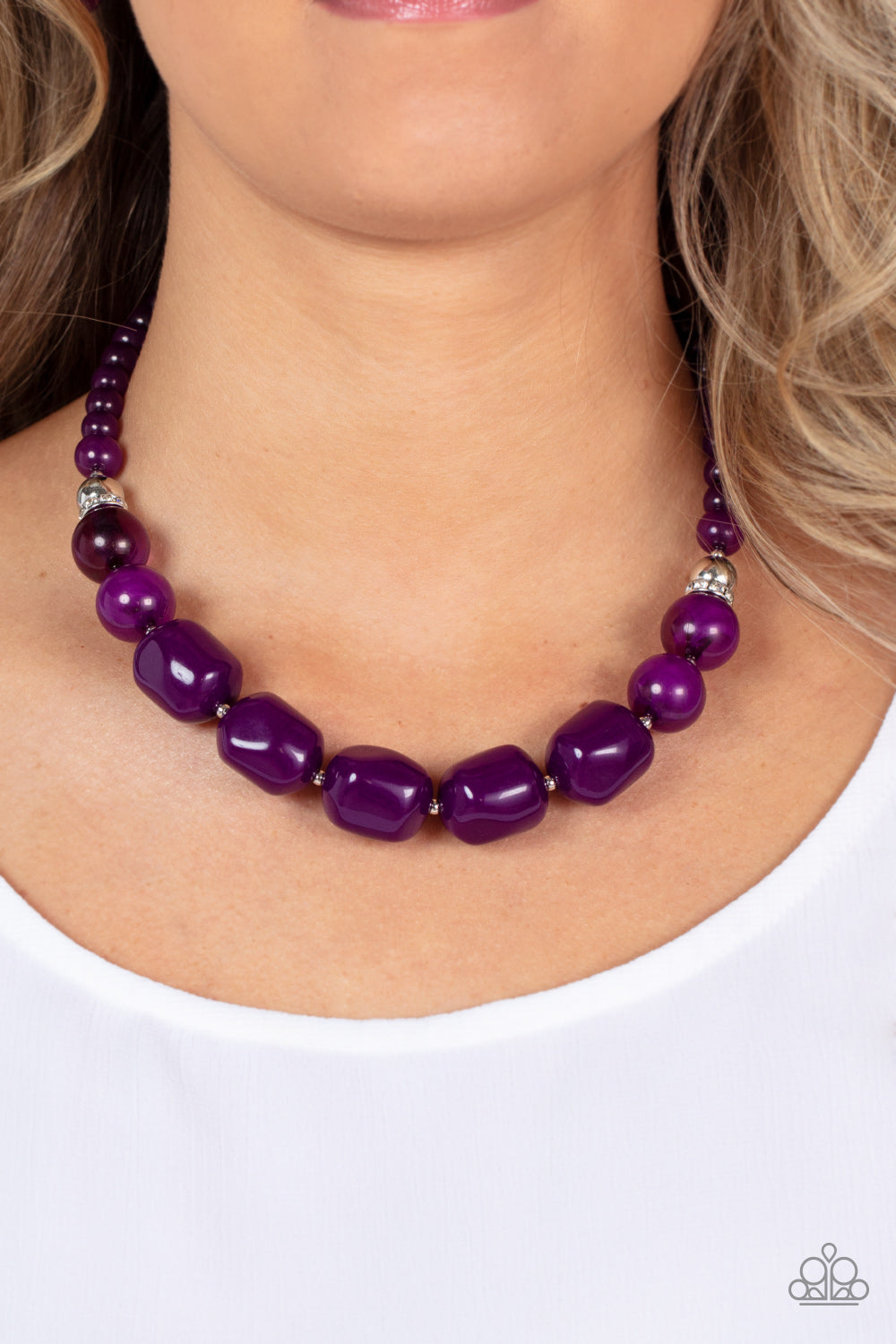 bright silver beads and glittery rhinestone accents, a row of oversized subtly faceted plum beads