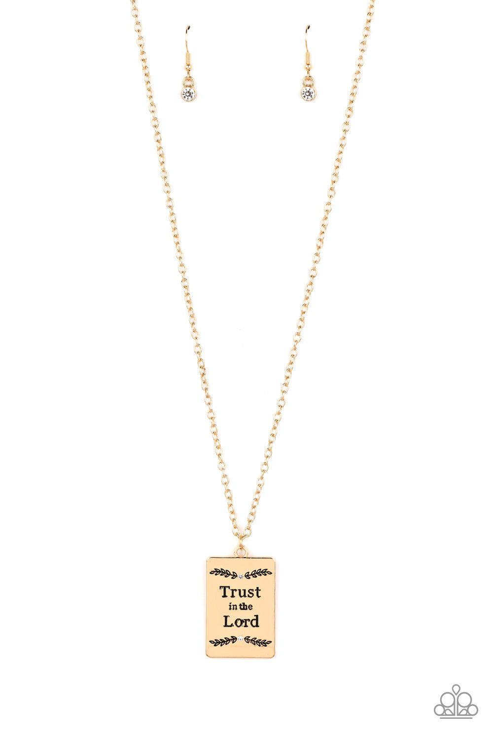 Bordered in leafy patterns and dainty white rhinestones, the center of a gold rectangular frame is stamped in the phrase, "Trust in the Lord," for an inspiring finish