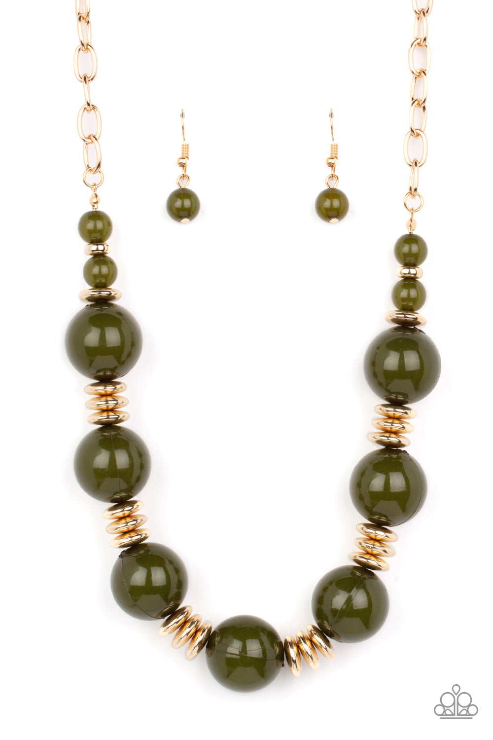 oversized collection of glassy Olive Branch beads and shiny gold discs are threaded along an invisible wire
