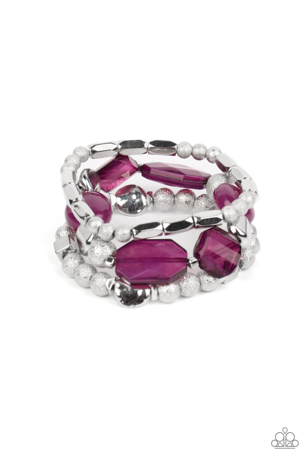 Infused with vivacious pops of plum crystal-like and glassy accents, a mismatched assortment of hammered, cube, and faceted silver beads are threaded along stretchy bands around the wrist