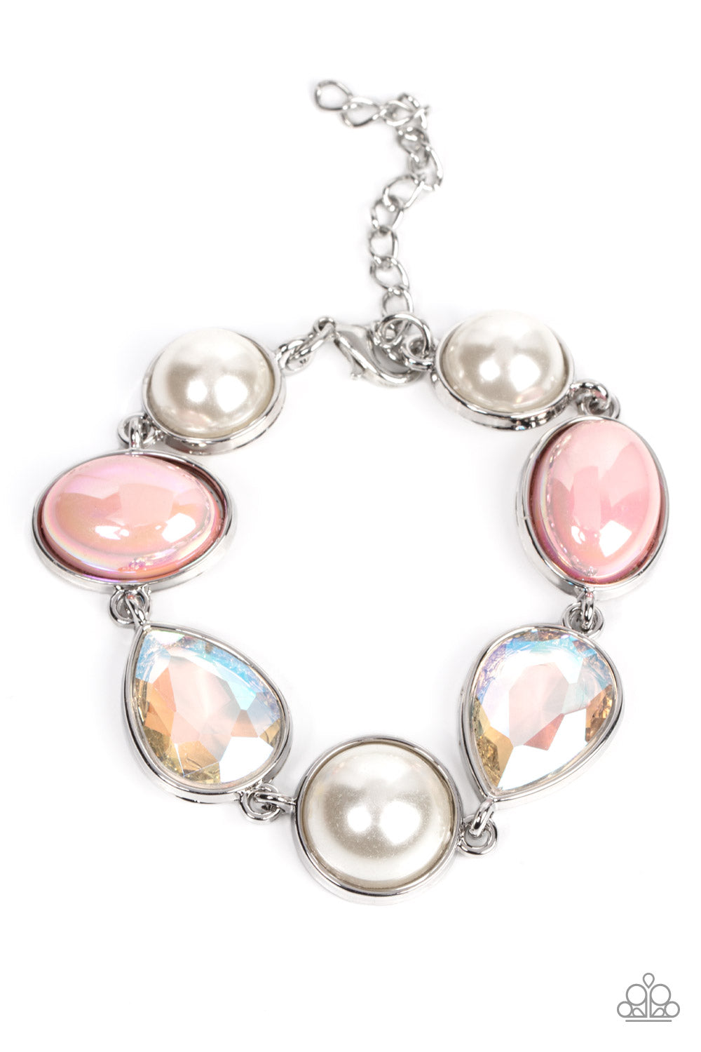 collection of classic white pearls, iridescent Pale Rosette beads, and iridescent crystal-like teardrops wrap around the wrist 
