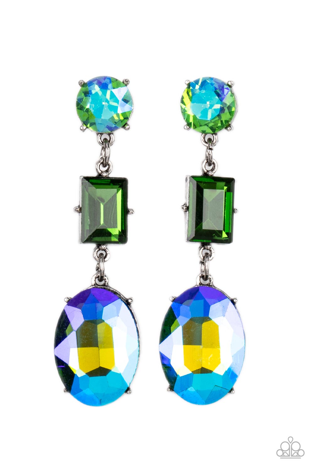 flashy UV finishes, a classic round green, emerald cut green, and blue oval gem 