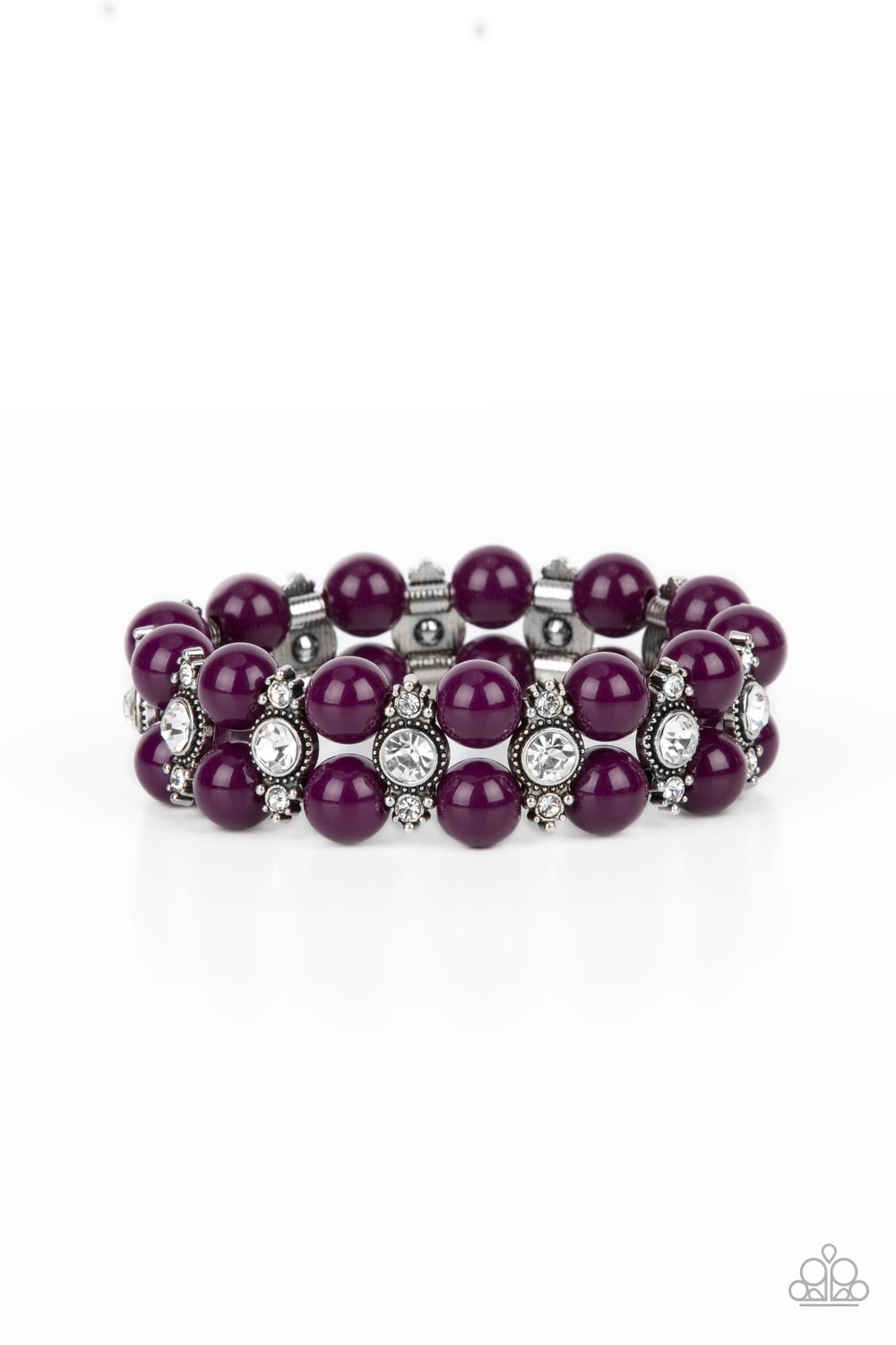 Stacked rows of bubbly plum beads alternate with white rhinestone encrusted silver frames along stretchy bands