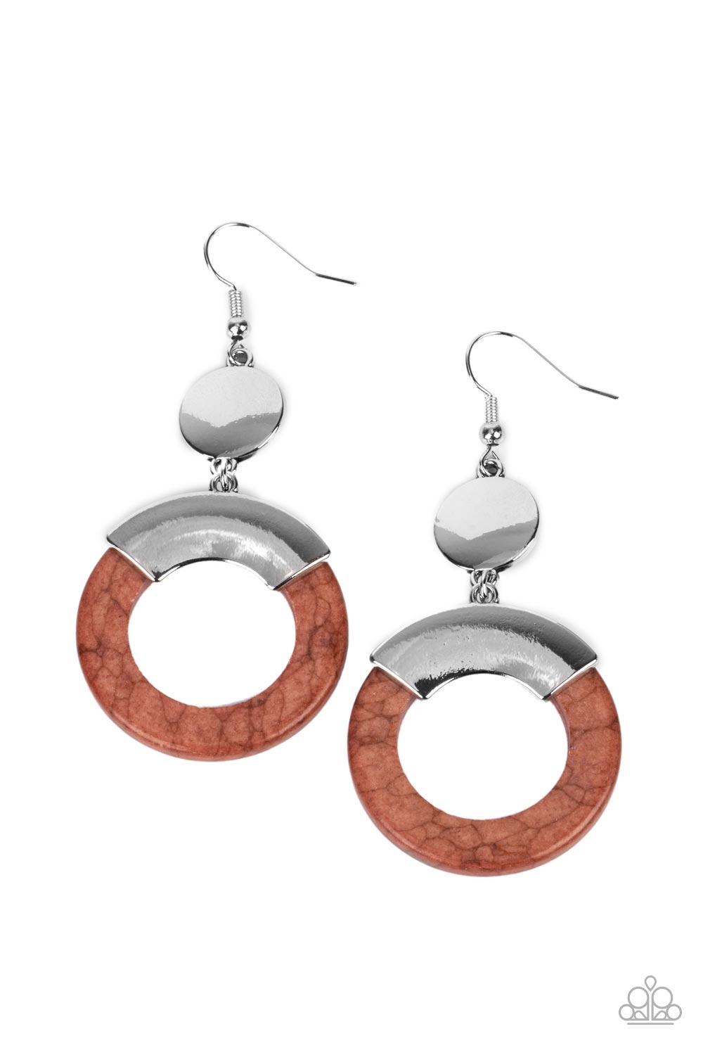 Capped in a curved silver plate, an earthy brown stone hoop swings from the bottom of a shiny silver disc for an authentic artisan twist