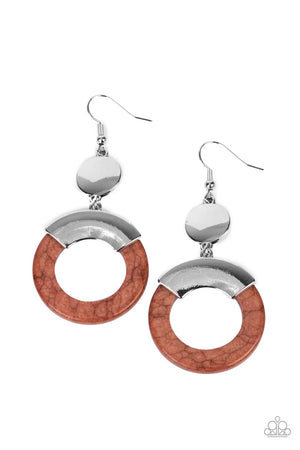 Capped in a curved silver plate, an earthy brown stone hoop swings from the bottom of a shiny silver disc for an authentic artisan twist
