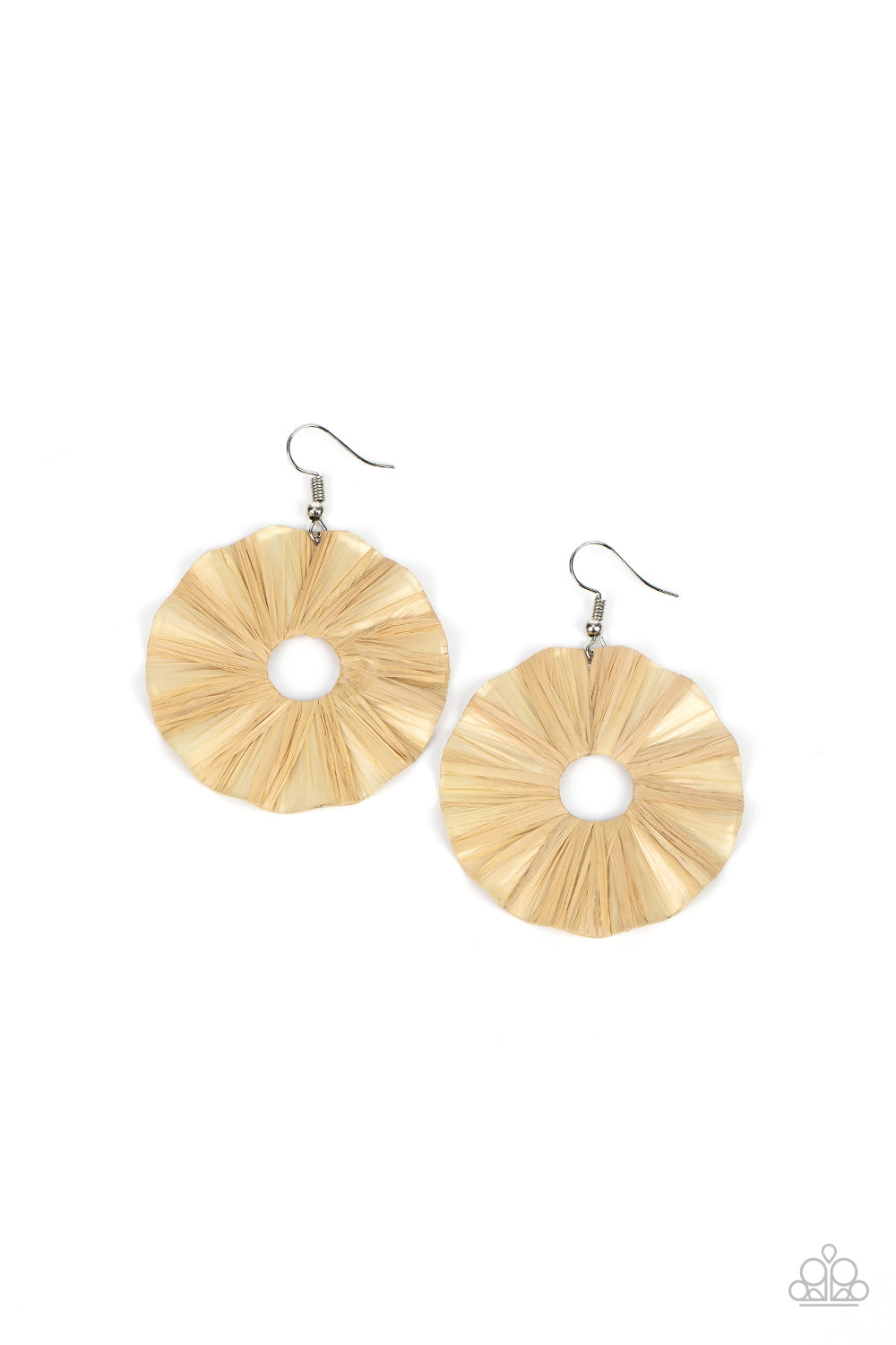 Shiny tan crepe-like paper is wrapped around a rippling round disc, creating a modern display. Earring attaches to a standard fishhook fitting.